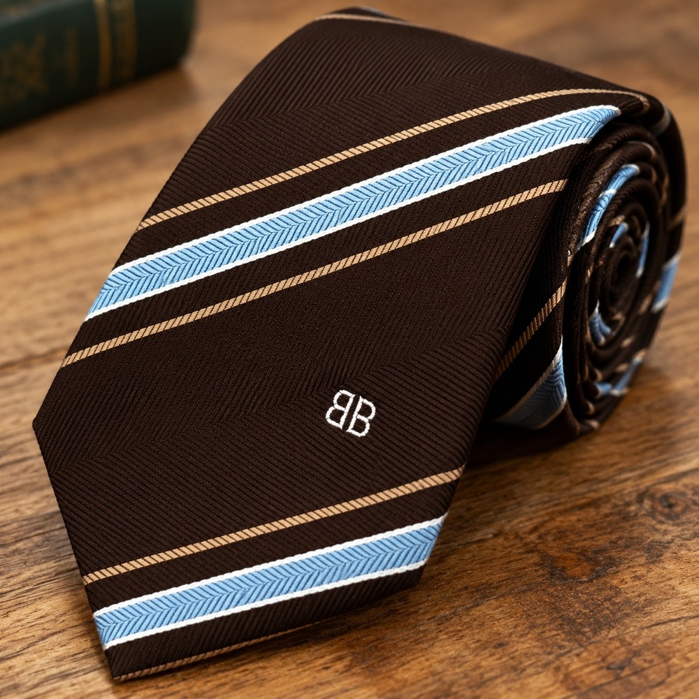 Bill Blass Vintage Men's Necktie Brown Blue White Stripes Silk W3.1